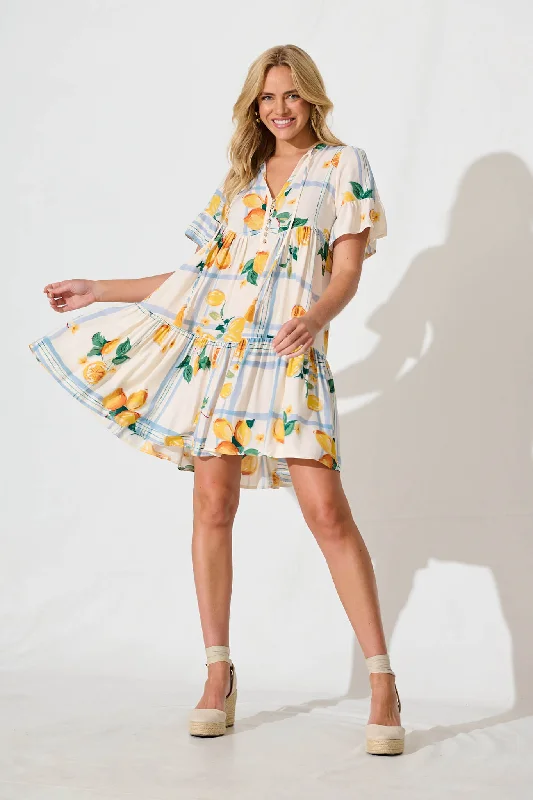 Tahnee Smock Dress in Ivory with Lemon and Blue Print Maxi floral dresses