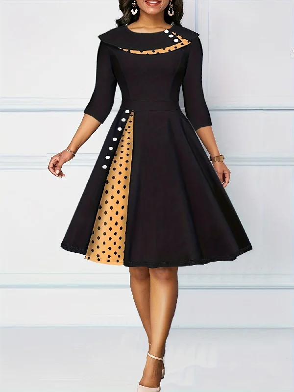 A-line Retro Dress, 3/4 Sleeve Polka Dot Casual Dress Everyday wear unclassified dresses