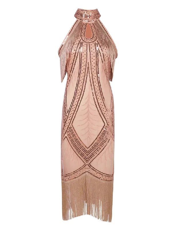 Apricot Cold Shoulder Gatsby Glitter Fringe 1920s Flapper Dress Anniversary unclassified dresses