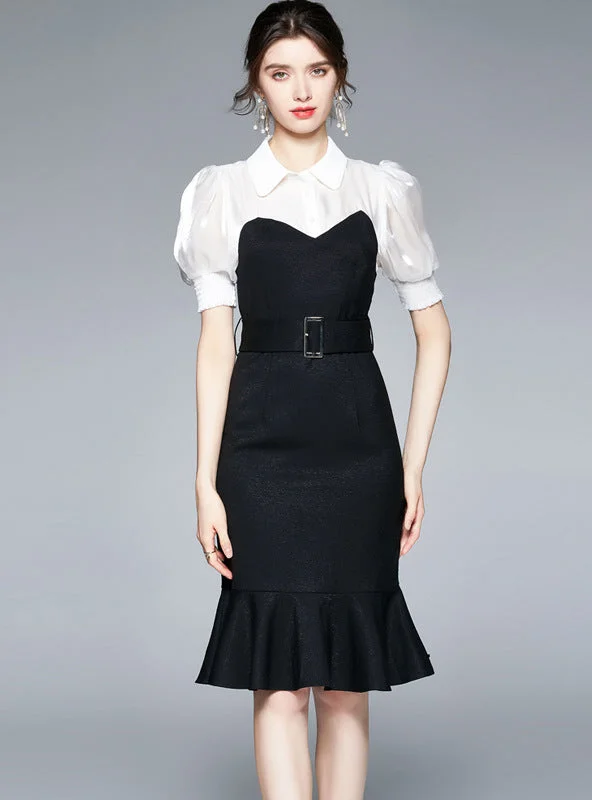 Black-and-white Slim Ruffled Dress Boho unclassified dresses