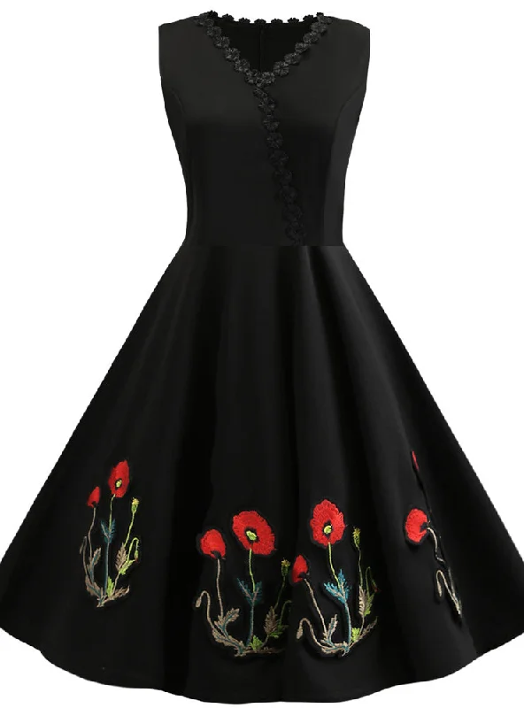 Black Flower Embroidered Dress Ruffled unclassified dresses