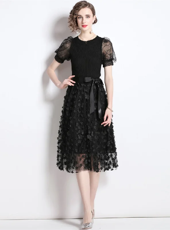 Black Gauze Bubble Sleeve Dress Office unclassified dresses