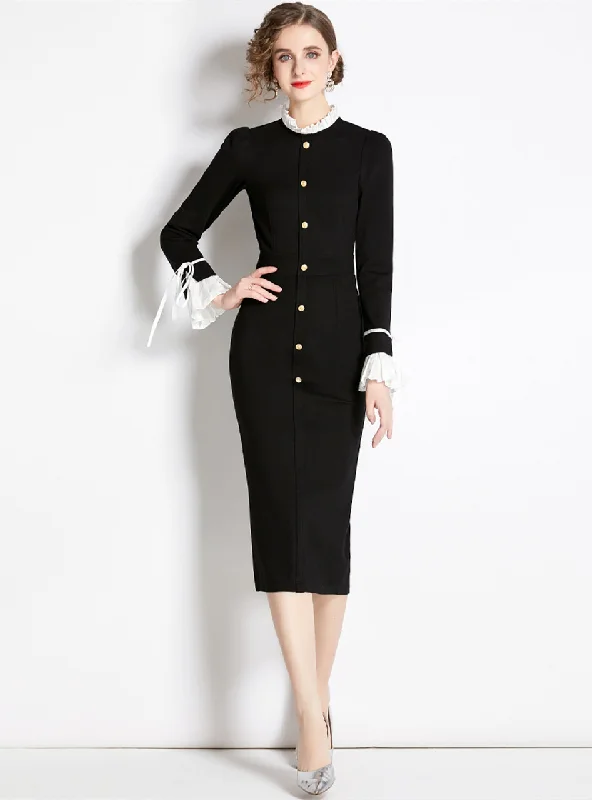 Black Retro Trumpet Sleeve Dress Open-back unclassified dresses