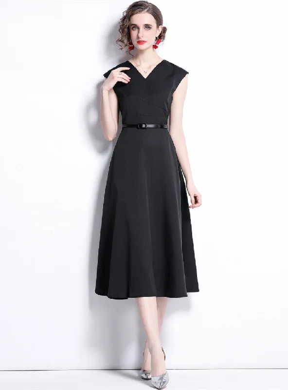 Black V-neck Mid-length Dress Velvet unclassified dresses