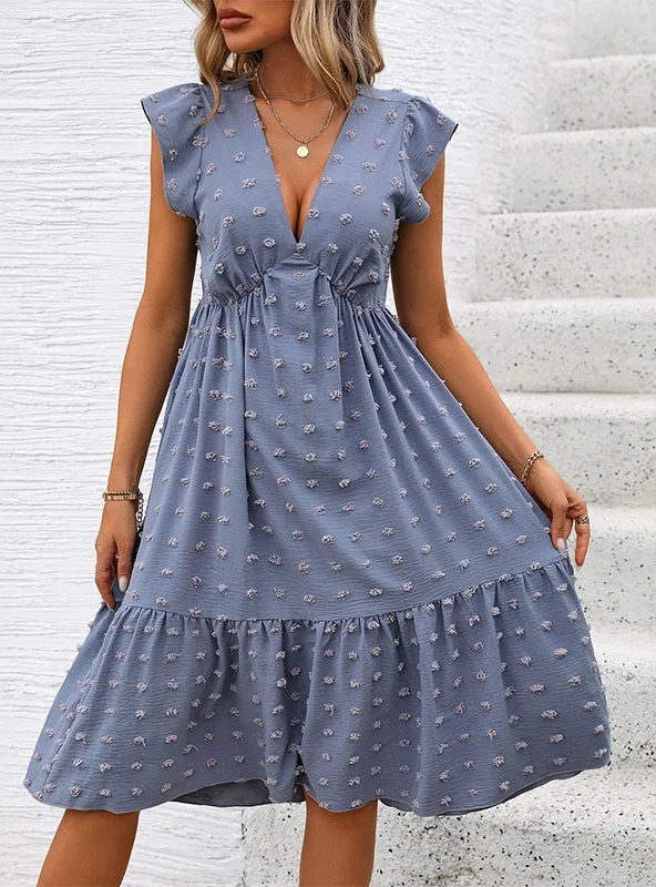 Blue Loose Jacquard Lotus Leaf Sleeve Dress Everyday wear unclassified dresses