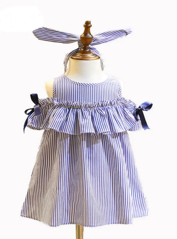 Blue Stripe Kids Ruffles Dress Headband Korean Ruffled unclassified dresses