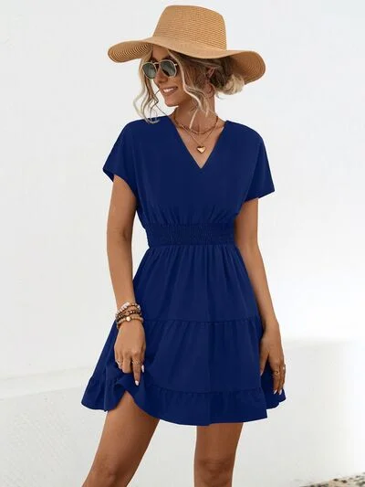 Blue Zone Planet |  Ruffled Smocked V-Neck Tiered Dress High-end unclassified dresses