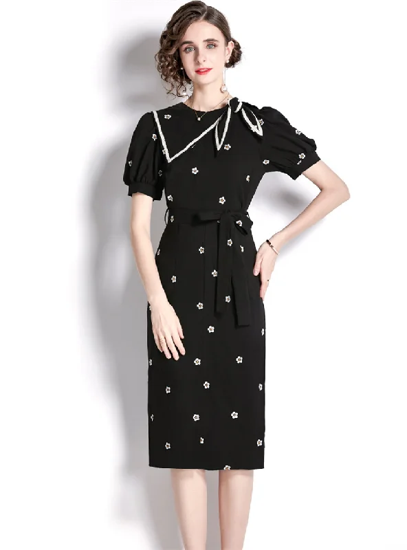 Bow Tie Slim Slit Embroidered Dress Office unclassified dresses