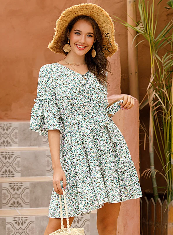 Broken Trumpet Middle Sleeve Ruffled Dress Stretchy unclassified dresses