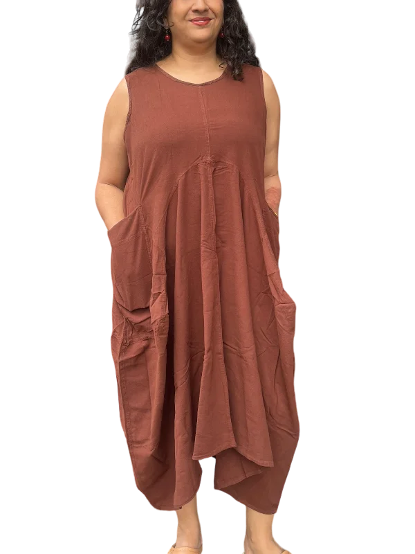 Brown Cotton Parachute Dress with Pockets Ruched unclassified dresses