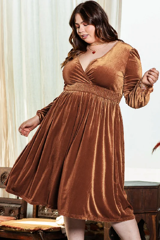 Camel Surplice V Neck Balloon Sleeve Velvet Dress Casual unclassified dresses