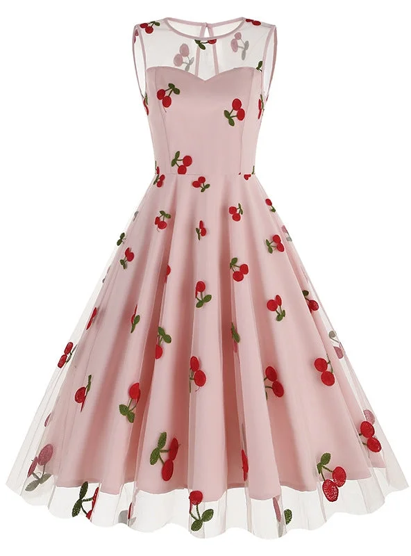 Cherry Round Neck Gauze Retro Dress Budget-friendly unclassified dresses