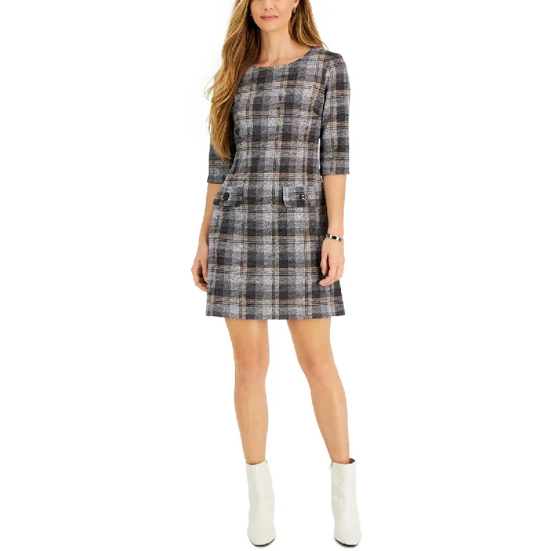 Connected Apparel Womens Petites Woven Plaid Shift Dress Engagement unclassified dresses