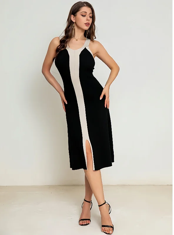 Contrast Stitching Slim V-neck Sling Dress Stretchy unclassified dresses