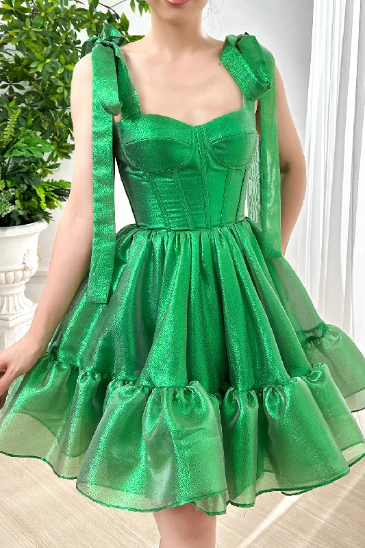 Corset Green Sparkly Organza Tiered Dress with Tie Straps Neutral tone unclassified dresses