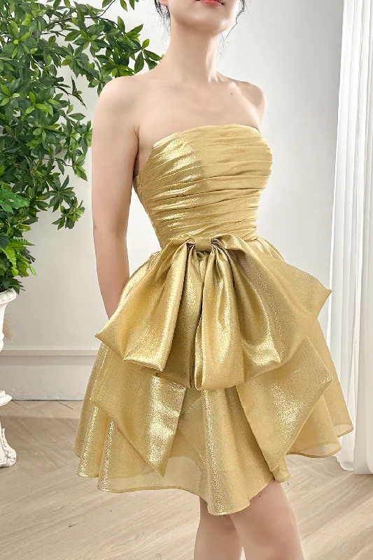 Corset Strapless Light Gold Dress with Bow Cotton unclassified dresses