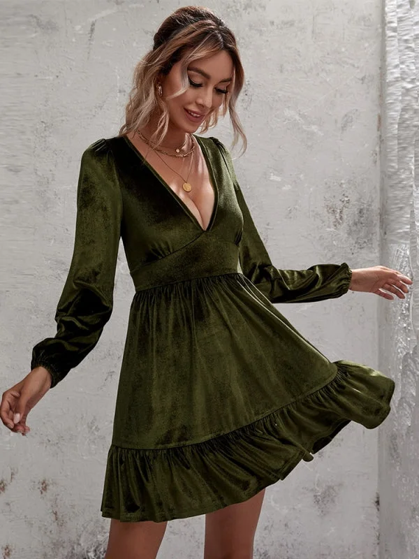 Deep V-neck Puff Sleeve Velvet Ruffled Dress Club unclassified dresses