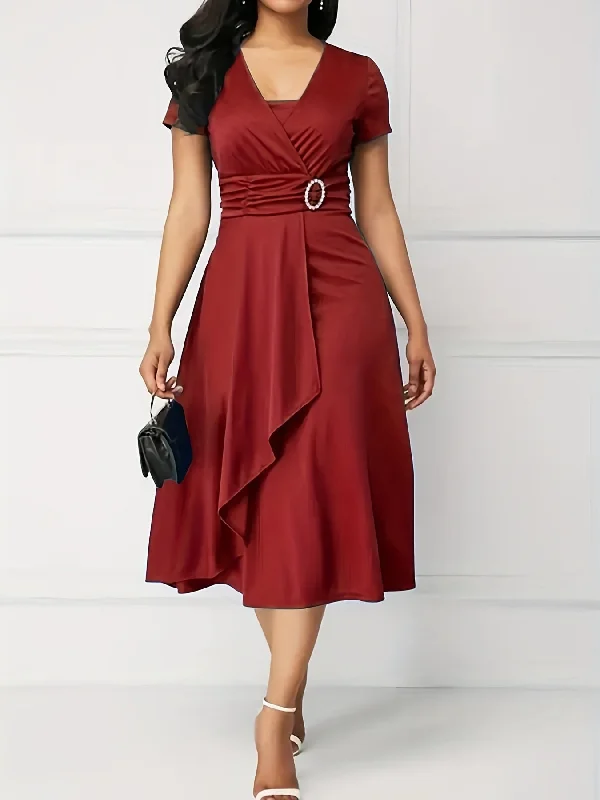 Elegant Skinny Rhinestoned Dress, Asymmetrical Hem Tie Waist Dress Cotton unclassified dresses