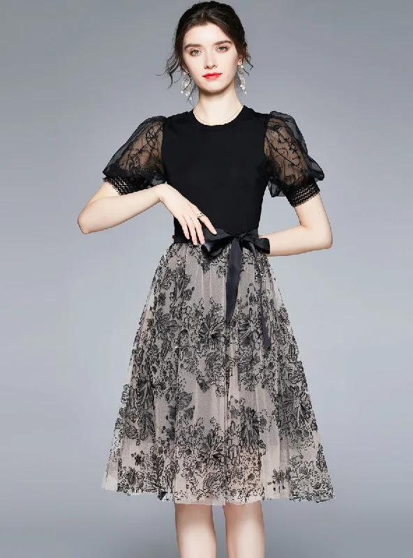 Embroidered Bubble Sleeve Gauze Dress Stretchy unclassified dresses