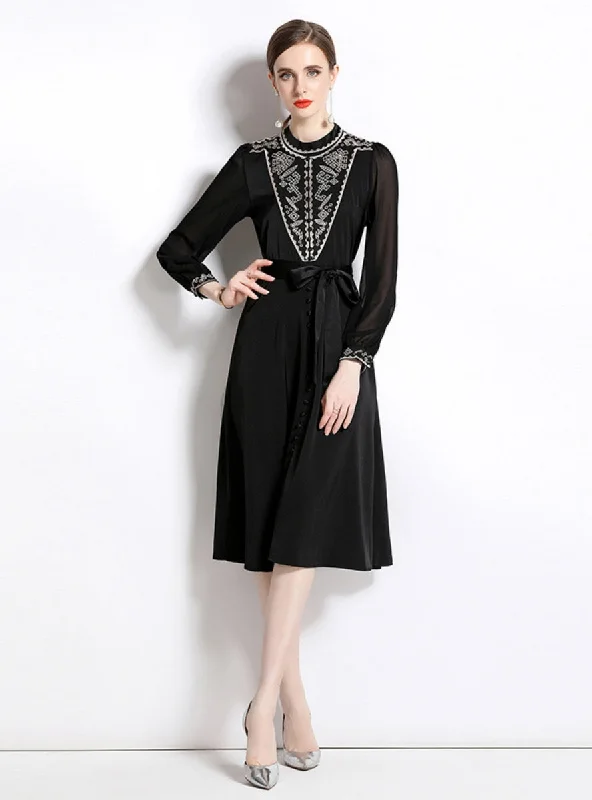 Embroidered Perspective Bubble Sleeve Belt Dress Travel unclassified dresses