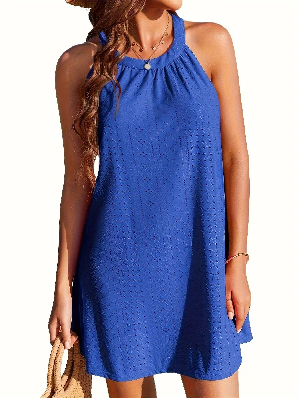 Eyelet Embroidered Crew Neck Dress, Casual Sleeveless Dress Luxury unclassified dresses