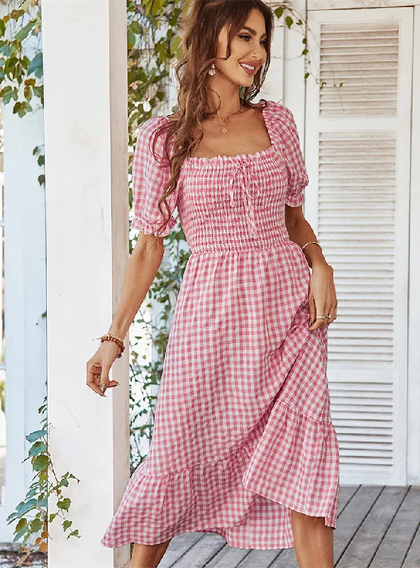 Fashion Plaid Square Collar Dress Off-shoulder unclassified dresses