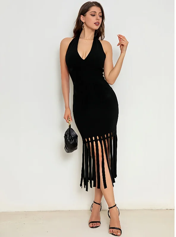 Fringed V-neck Knitted Dress Printed unclassified dresses