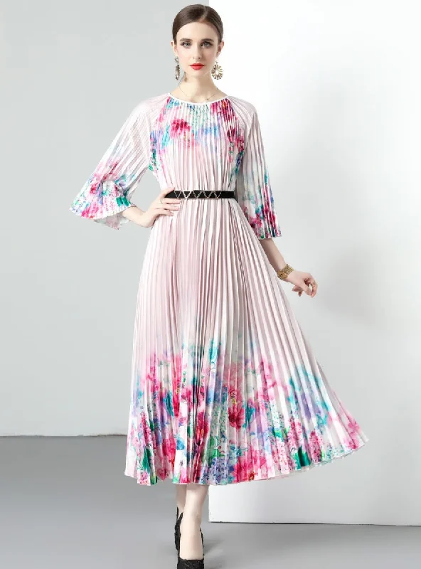 Gradual Flower Pleated Big Swing Dress Street style unclassified dresses