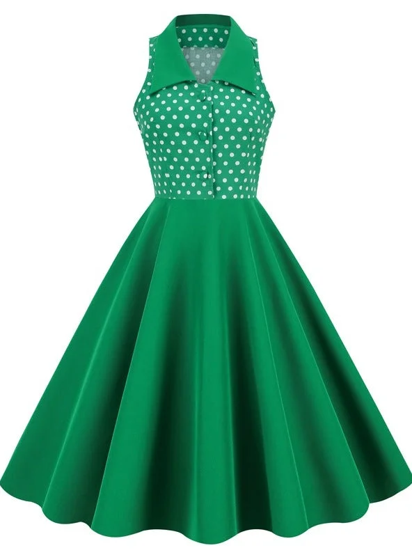 Lapel Sleeveless Polka Dot Green Retro Dress Sexy unclassified dresses