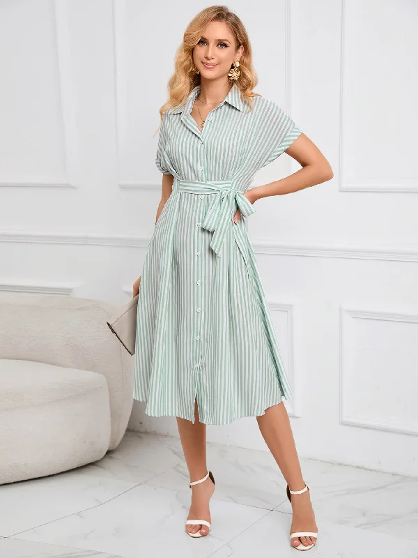 Lapel V-neck Striped Dress with Belt Lightweight unclassified dresses