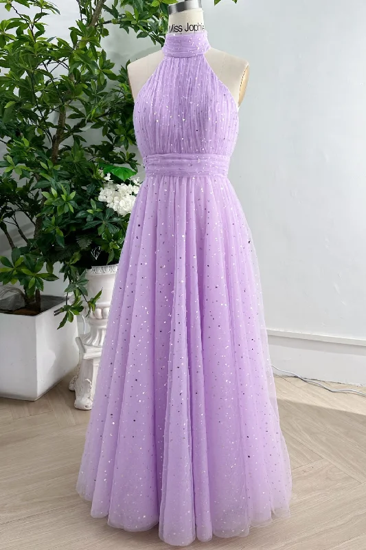 Lavender Halter High Neck Floor Length Prom Dress Homecoming Floral unclassified dresses