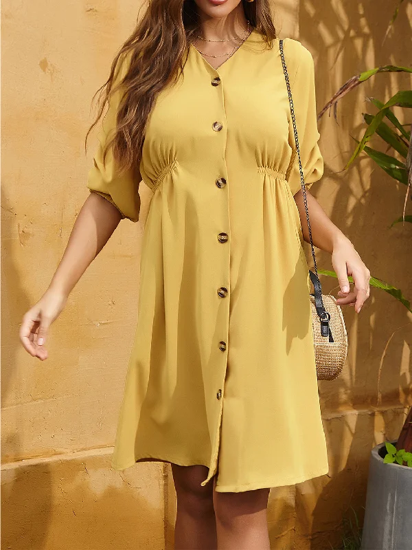 Perfee Ruched Button Up Half Sleeve Dress Party unclassified dresses