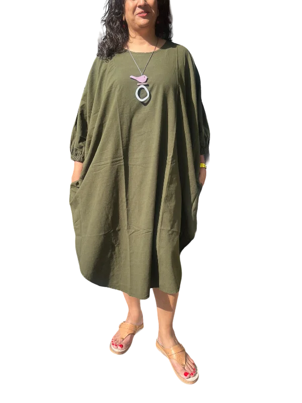 Olive Cotton Cocoon Dress with Dolman Sleeves Beach unclassified dresses