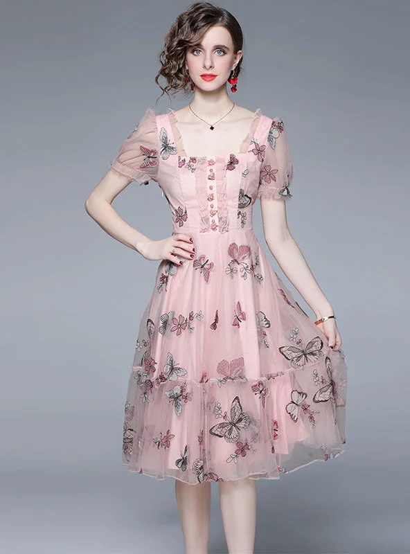 Pink Bubble Sleeve Square Mesh Embroidery Dress Chiffon unclassified dresses