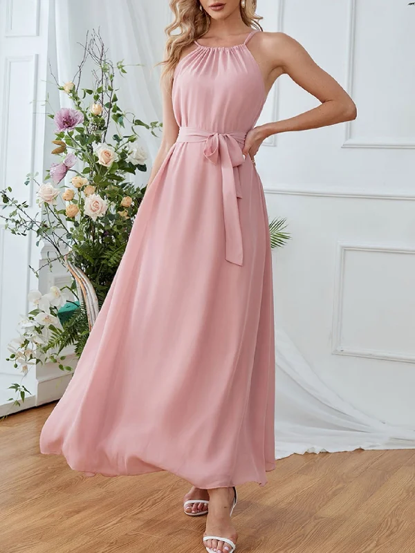 Pink Chiffon Halter Sleeveless Dress Office unclassified dresses