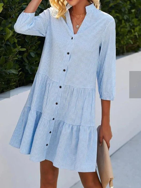 Plaid Buckle Stand Collar Casual Tunic Dress Printed unclassified dresses