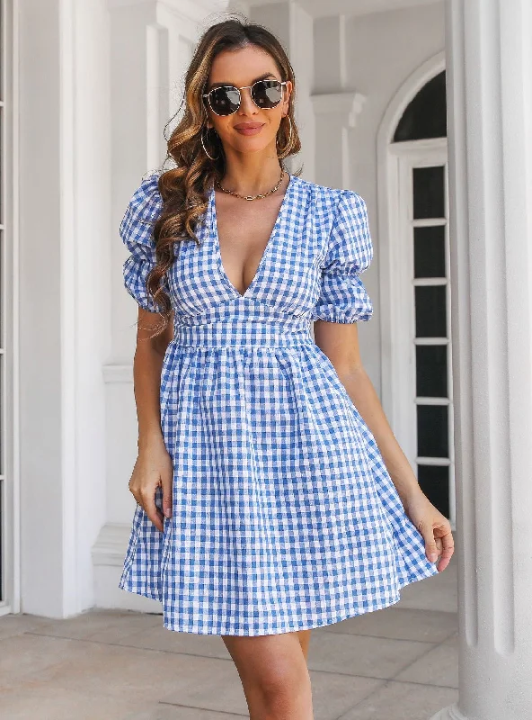 Plaid Deep V-neck Bubble Sleeve A-line Dress Short unclassified dresses