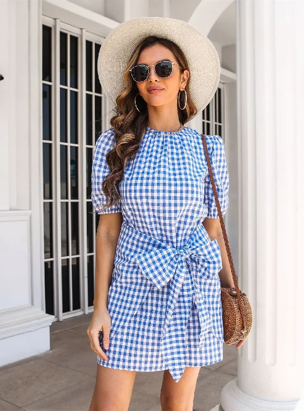 Plaid Knotted Lantern Sleeve Dress Long sleeve unclassified dresses