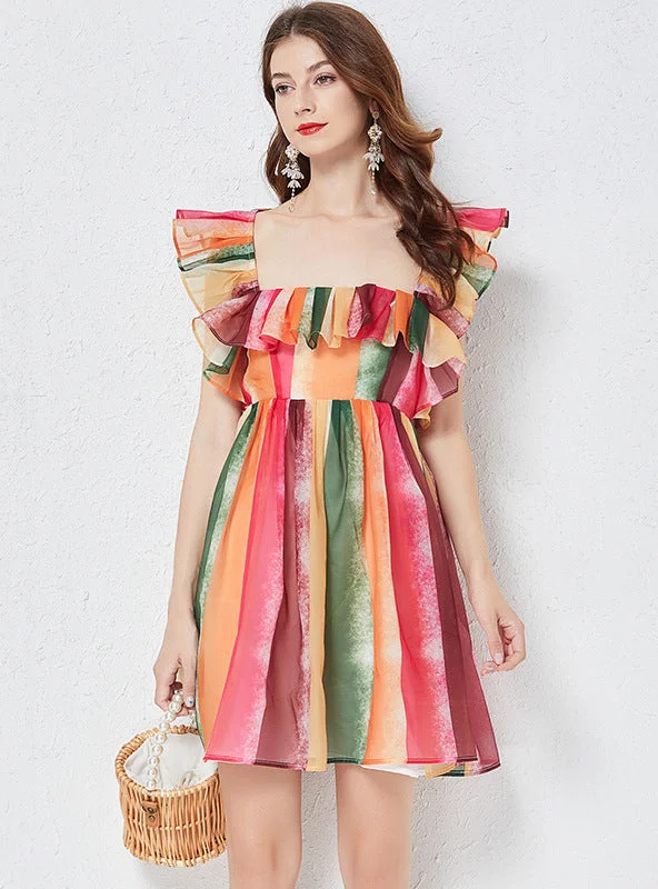 Rainbow Yarn Square Collar Backless Dress Satin unclassified dresses