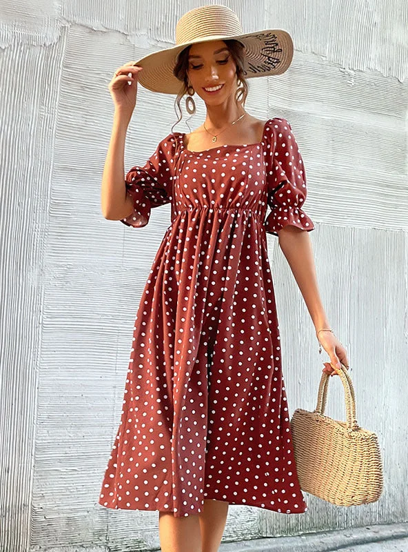 Retro Bubble Sleeve Polka Dot Square Collar Dress Striped unclassified dresses