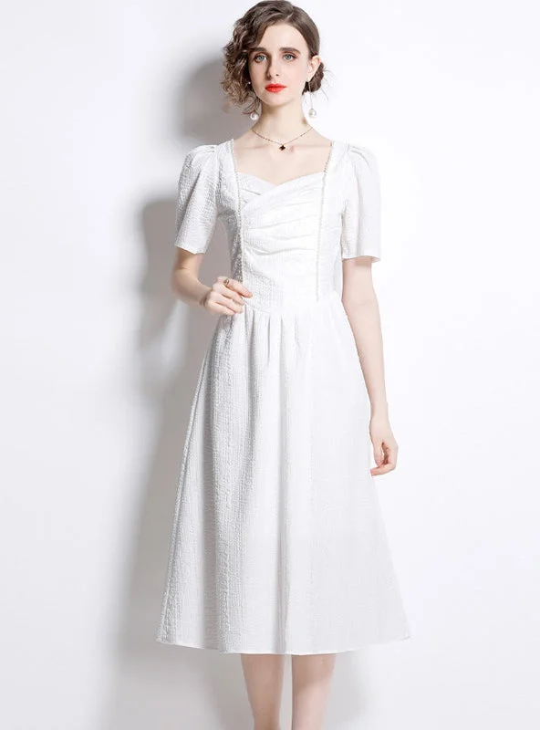 Retro French Pleated White Dress Lightweight unclassified dresses