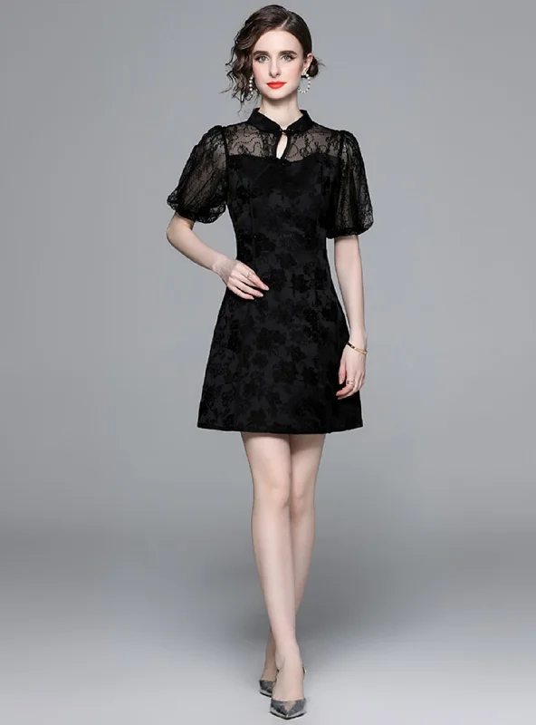 Retro Mesh Stitching Bubble Sleeve Black Dress Vintage unclassified dresses