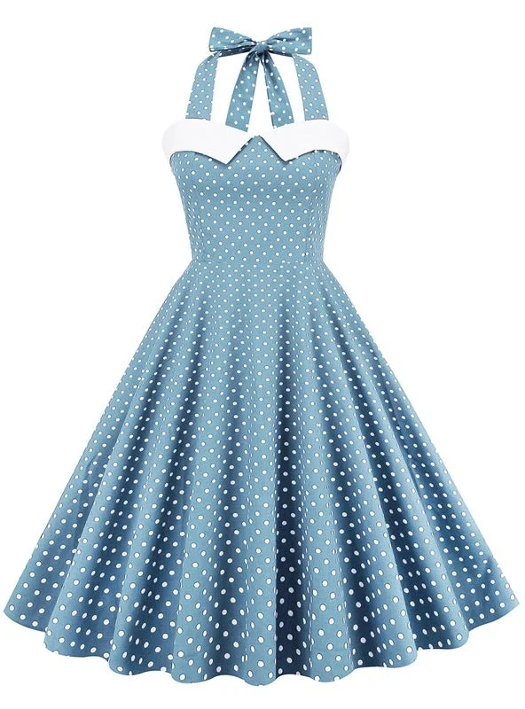 Retro Polka-dot Stitching Halter Big Swing Dress Women's unclassified dresses