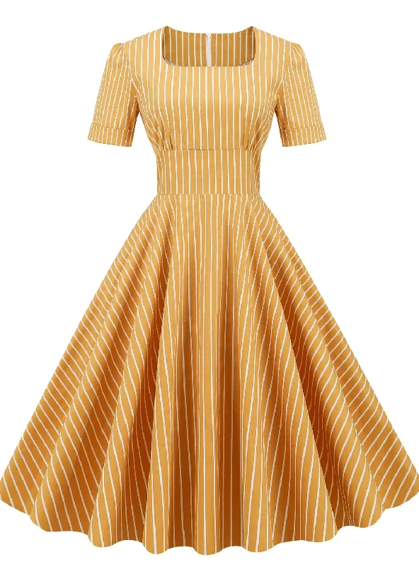 Retro Square Collar Striped Slim Dress Date night unclassified dresses