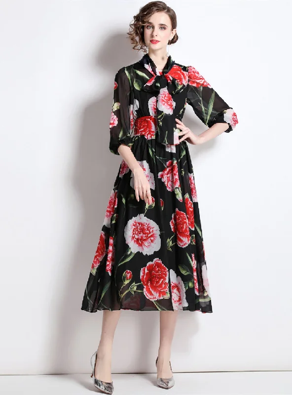 Rose Lantern Sleeve Slim Chiffon Dress Chic unclassified dresses