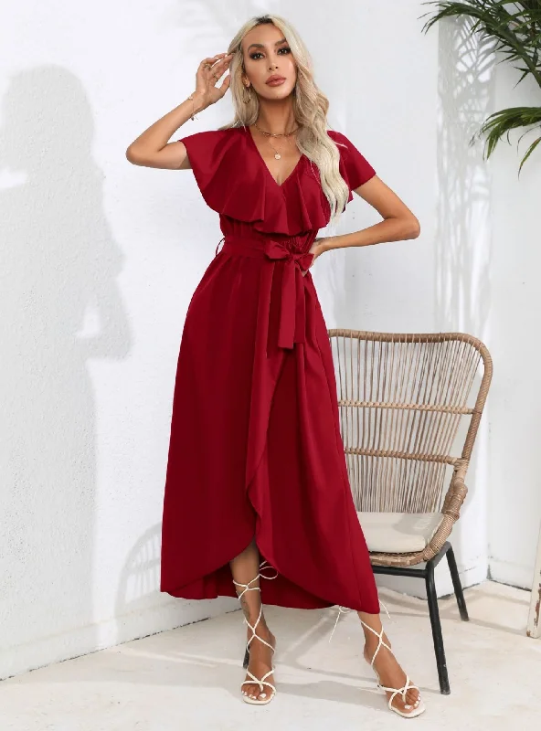 Ruffled V-neck Big Swing Dress Chiffon unclassified dresses