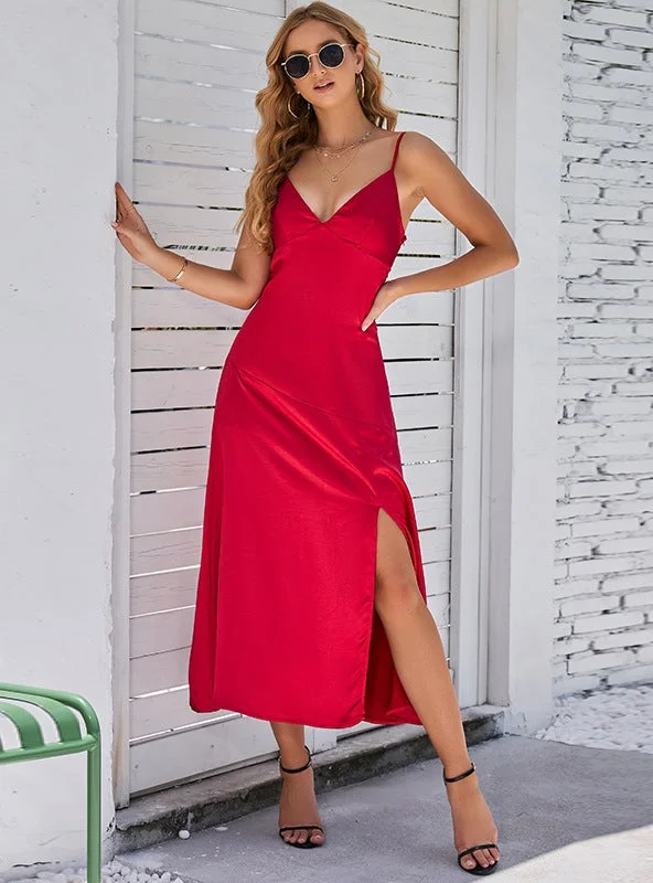 Sexy Backless Slit Sling Red Dress Petite unclassified dresses