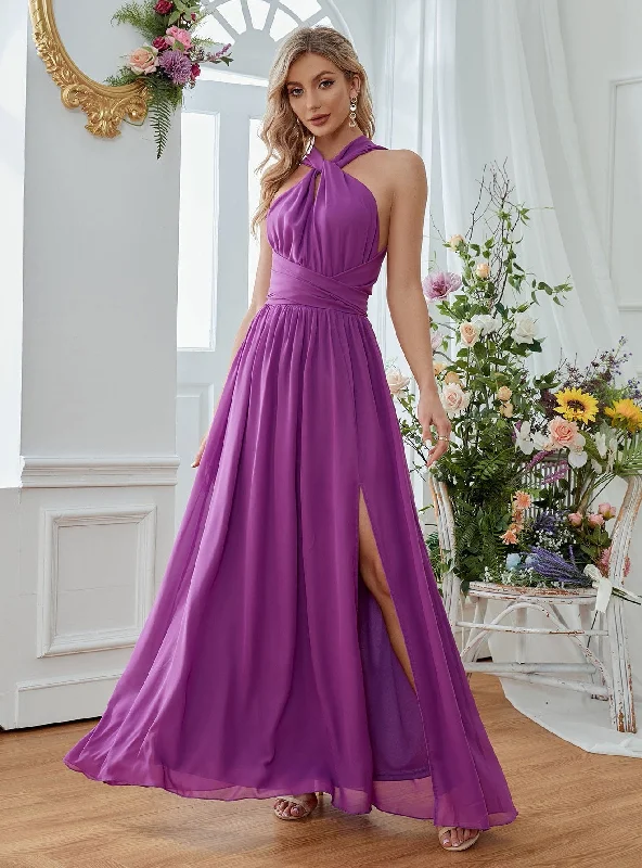 Sexy Purple Halter Chiffon Dress Bright color unclassified dresses