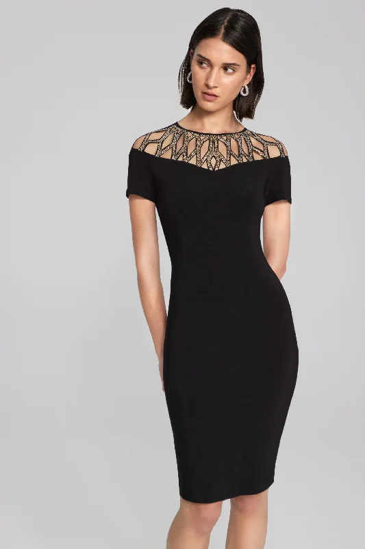 Silky Knit Sheath Dress With Embellished Neckline Unique unclassified dresses