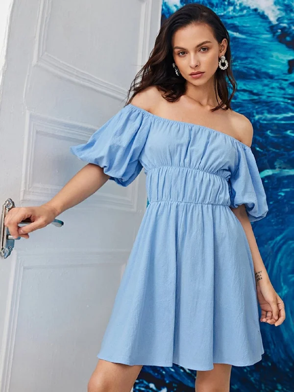 Sky Blue Off the Shoulder Dress Striped unclassified dresses